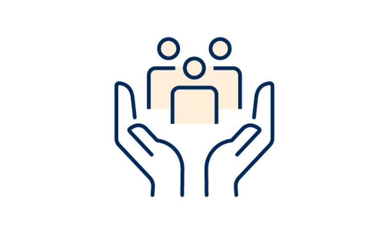 Två kupade händer och symbol för flera personer i mitten, illustration