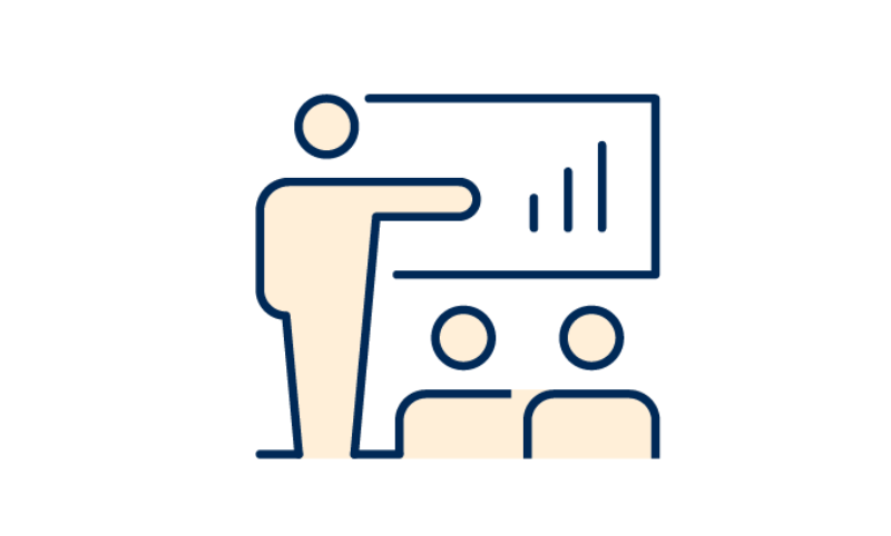 En person presenterar något på en skärm inför publik, illustration